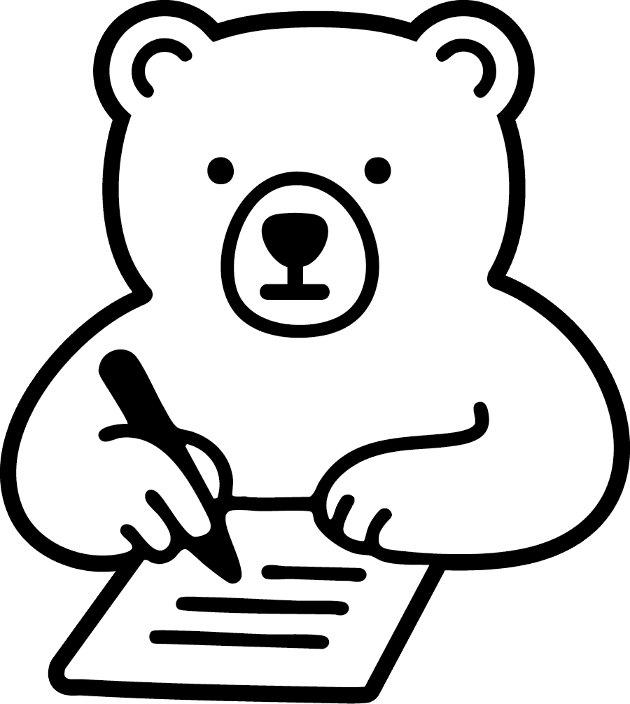Illustration of Mossy the bear writing on paper.